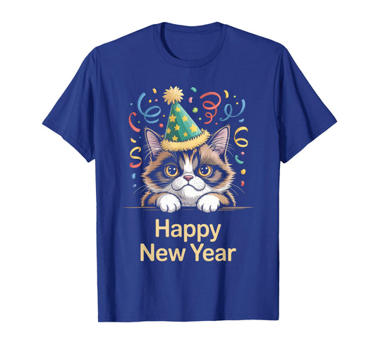 Cute Party Cat Happy New Year Funny New Year’s Eve Tee T-Shirt