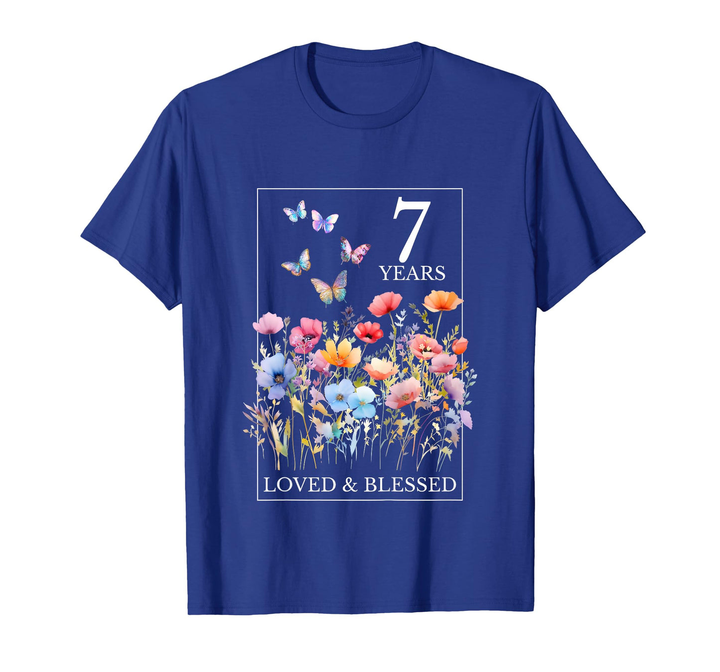 7 Years Loved Blessed Butterfly Flower Stamp 7th Birthday T-Shirt