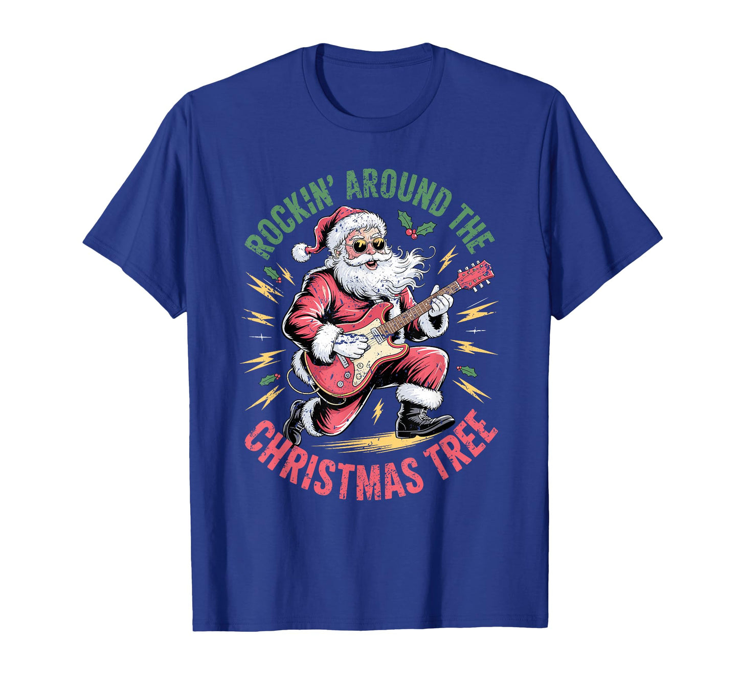 Rockin Around Christmas Tree Santa Guitar Rock N Roll Xmas T-Shirt