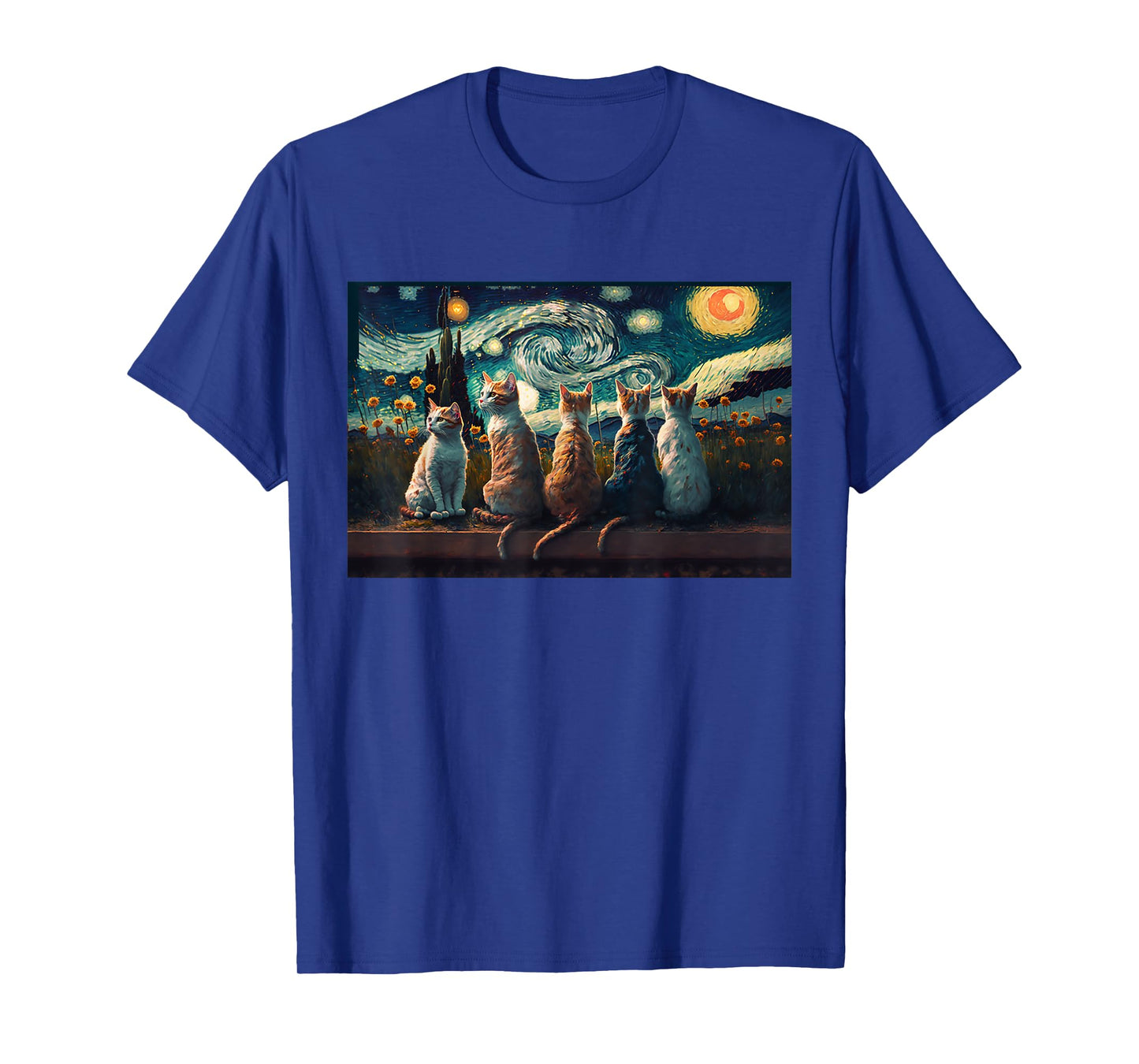 cats painting art sitting Starry Night kitty kitten Van Gogh T-Shirt