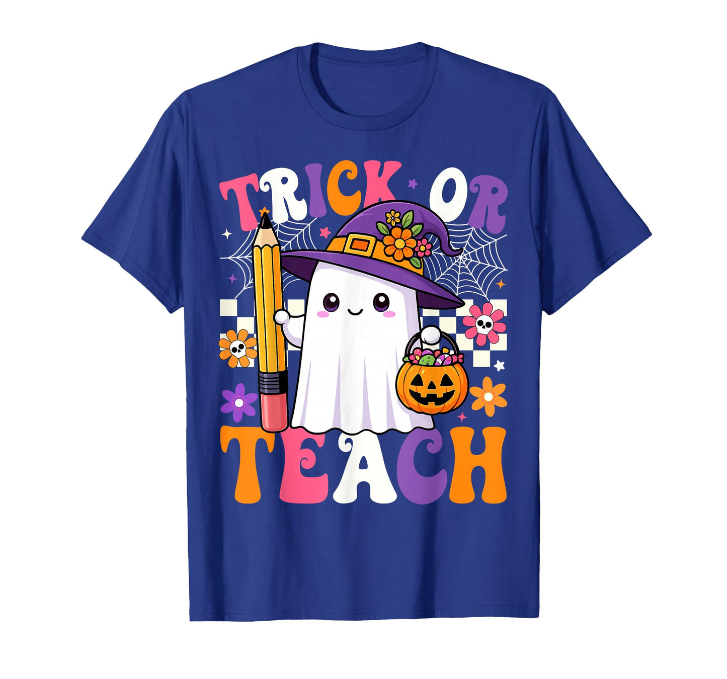 Trick Or Teach Teacher Pencil Ghost Funny Halloween Teacher T-Shirt