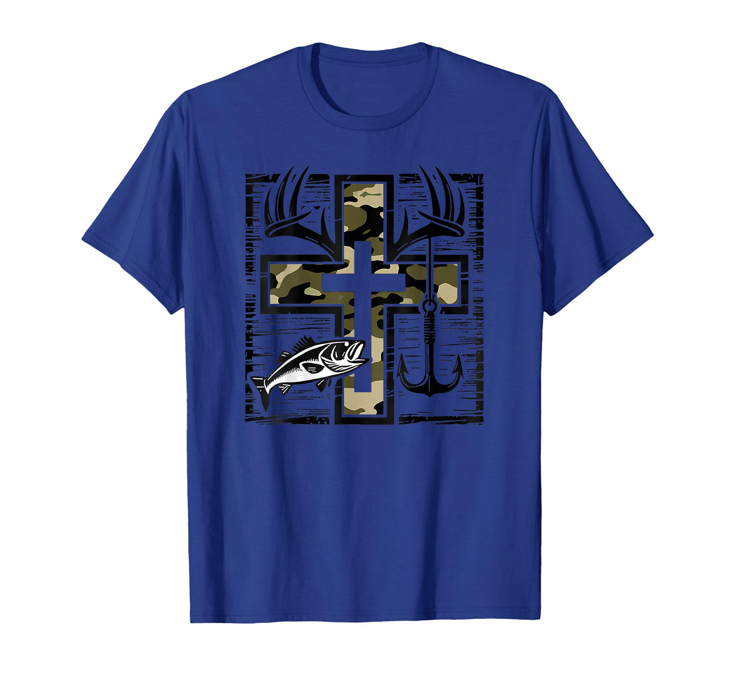 Hunting Fishing Cross Camo Faith Christian Fisherman (Back) T-Shirt