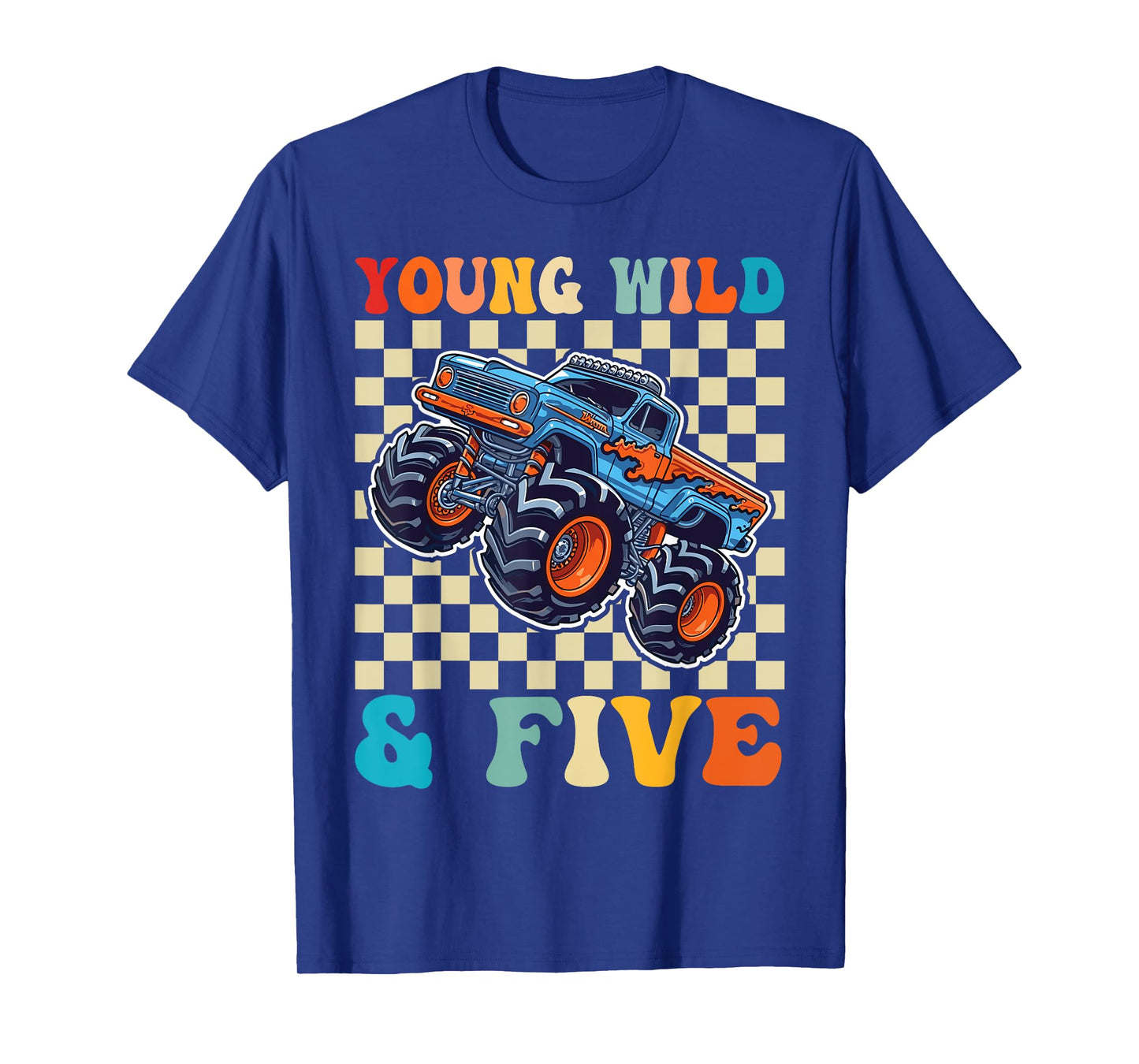 Kids 5th Birthday Monster Truck Young Wild and Five 5 Year T-Shirt