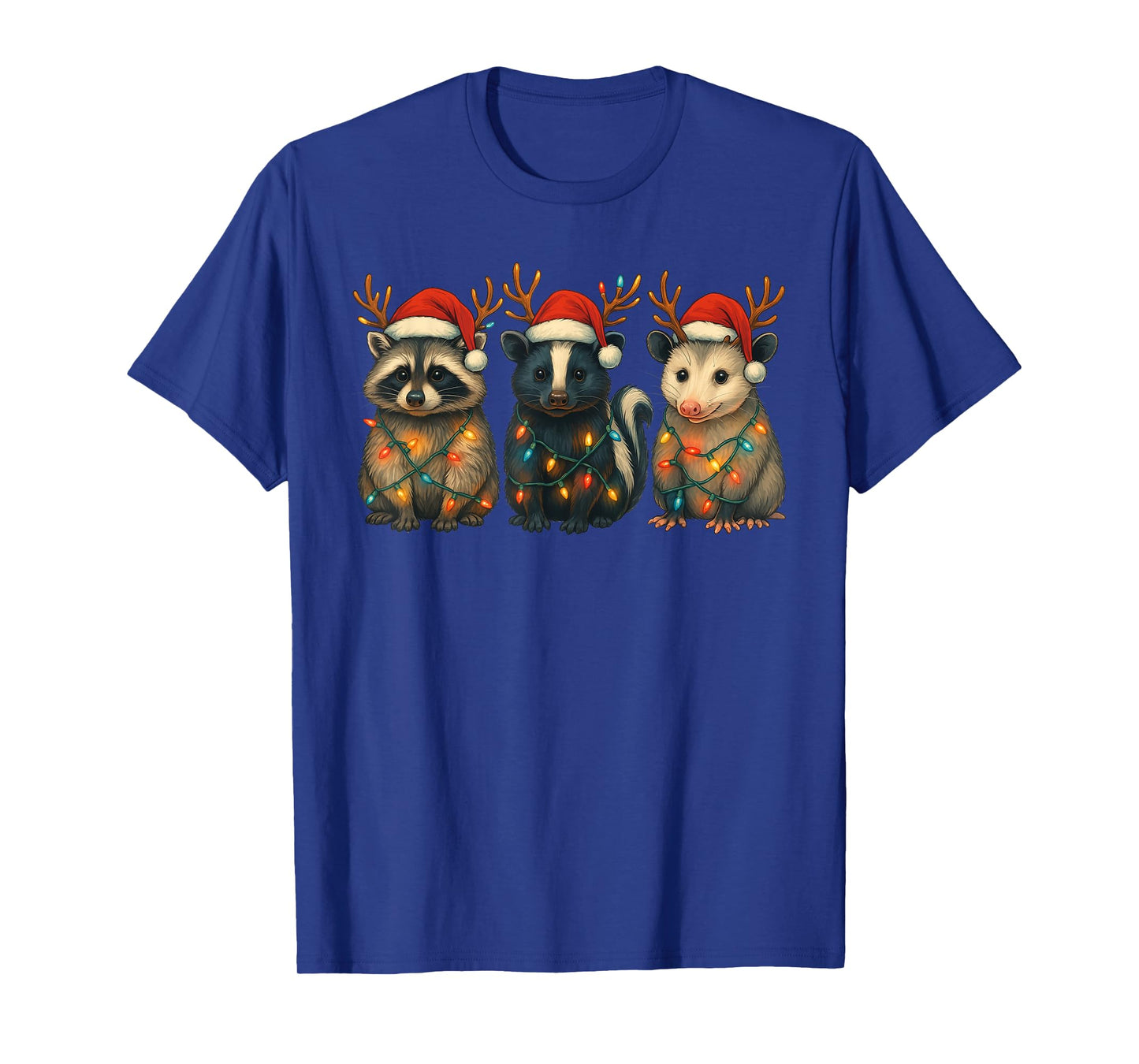 Raccoon Possum Skunk Christmas Lights Santa Hat Xmas T-Shirt