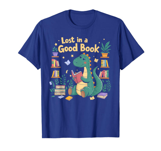Lost in a Good Book Cute Reading Dinosaur Illustration T-Shirt