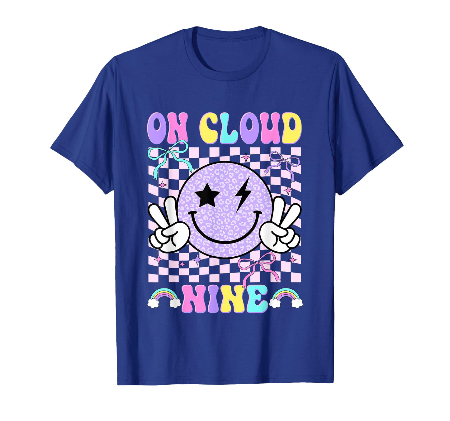 On-Cloud Nine Checkered Smile Face Coquette 9th Birthday Kid T-Shirt