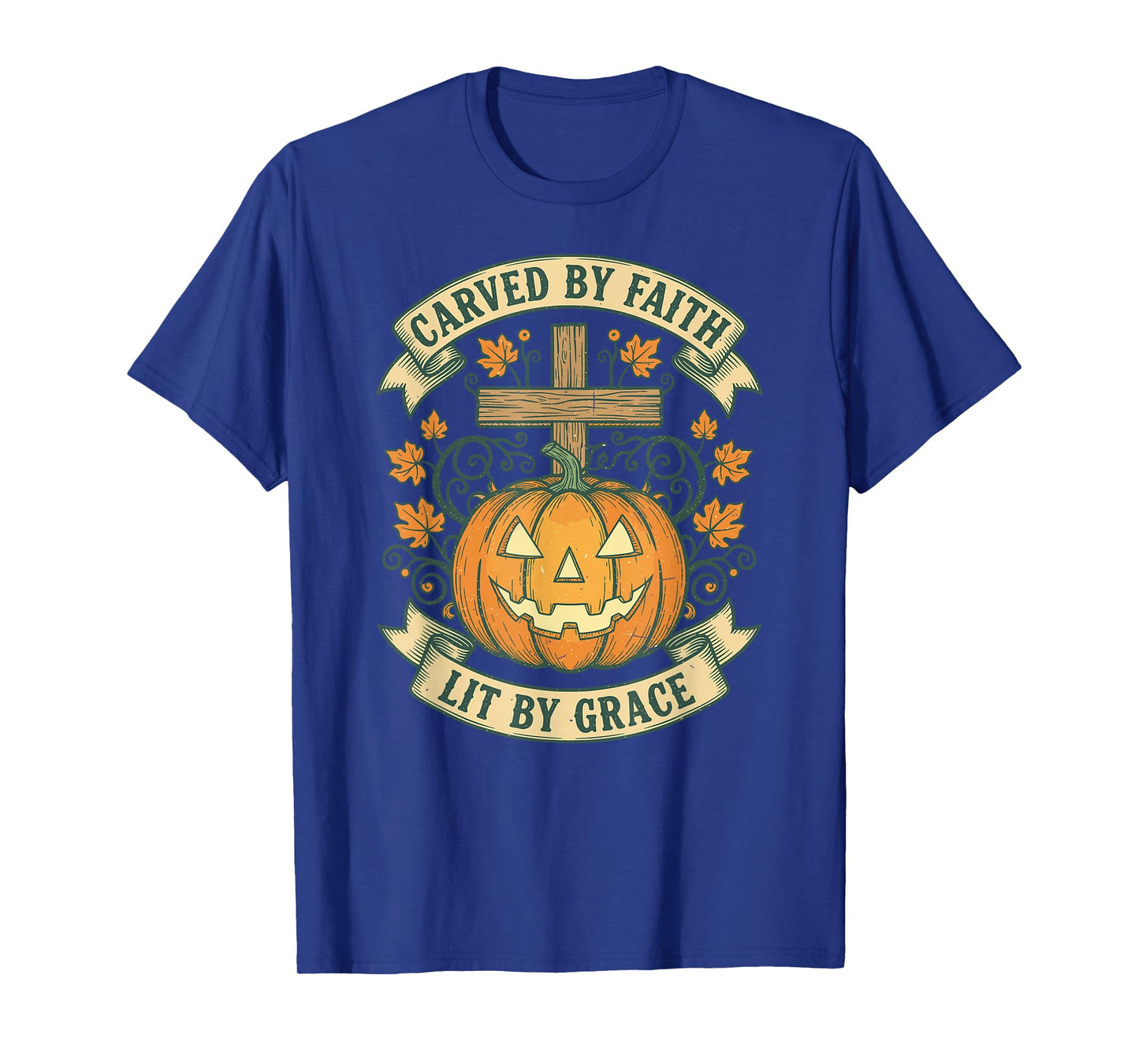 Carved by Faith Lit by Grace Vintage Pumpkin Cross Autumn T-Shirt