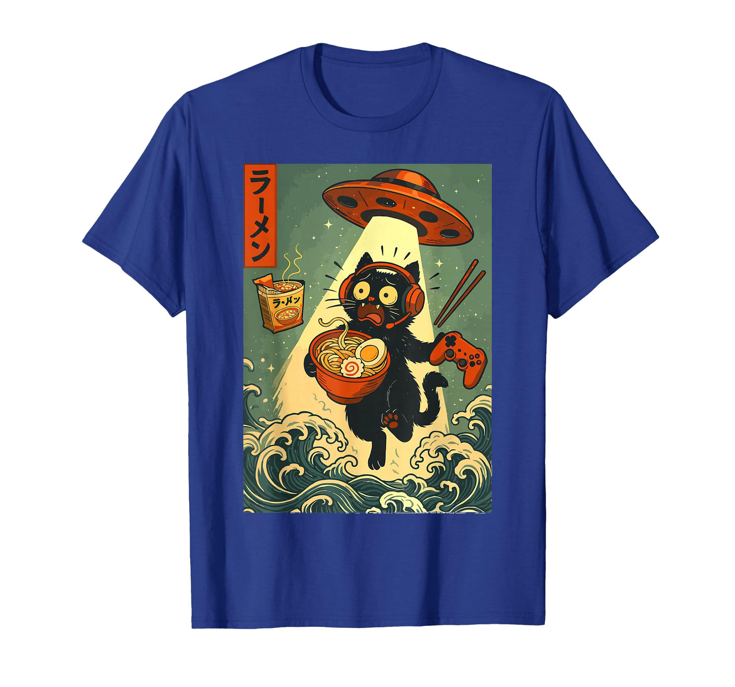 Cute Kawaii Gamer Cat Ramen Retro Japanese Design UFO Beam T-Shirt