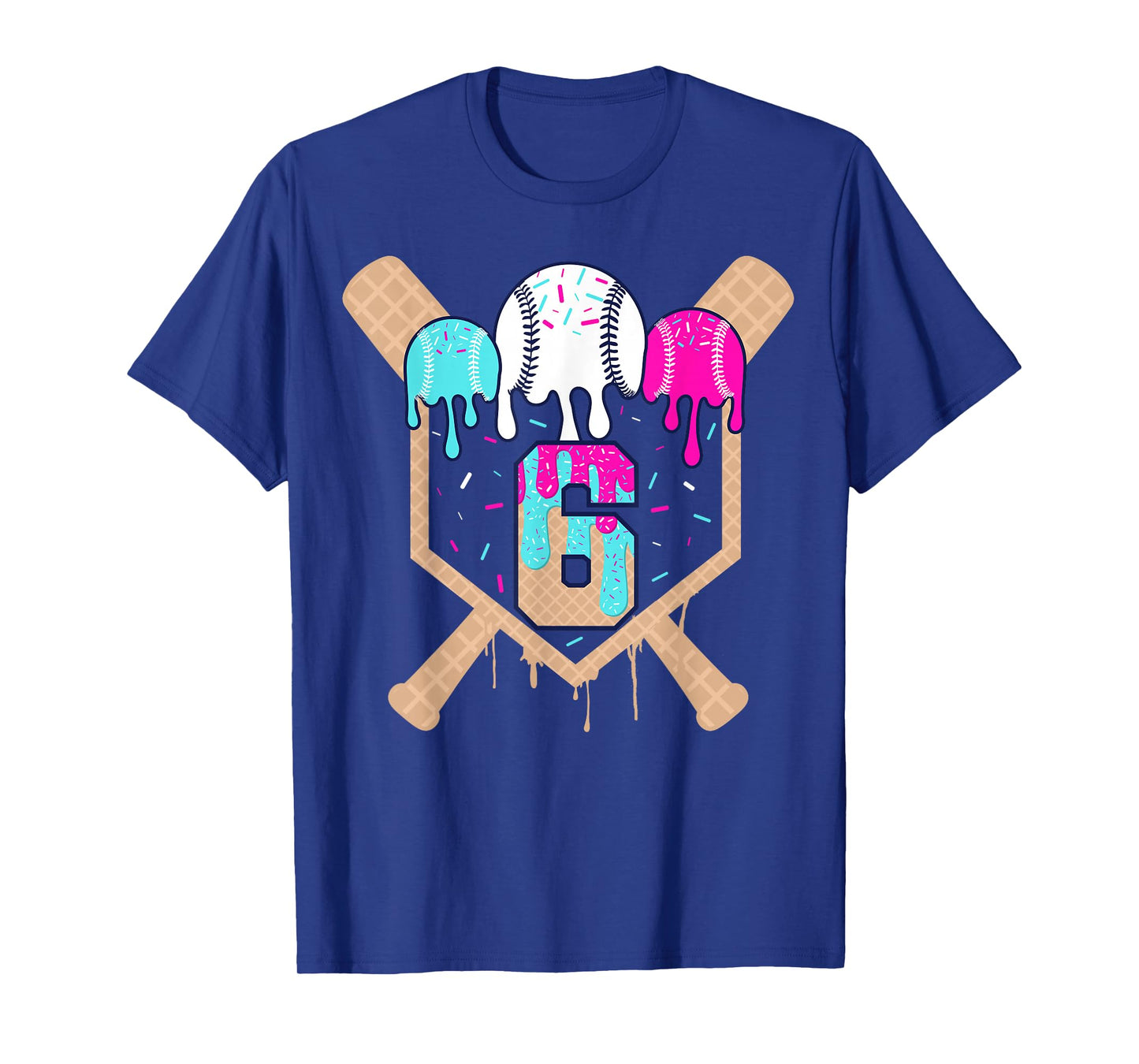 Baseball 6 Year Old Ice Cream Drip 6th Birthday Boy Number 6 T-Shirt