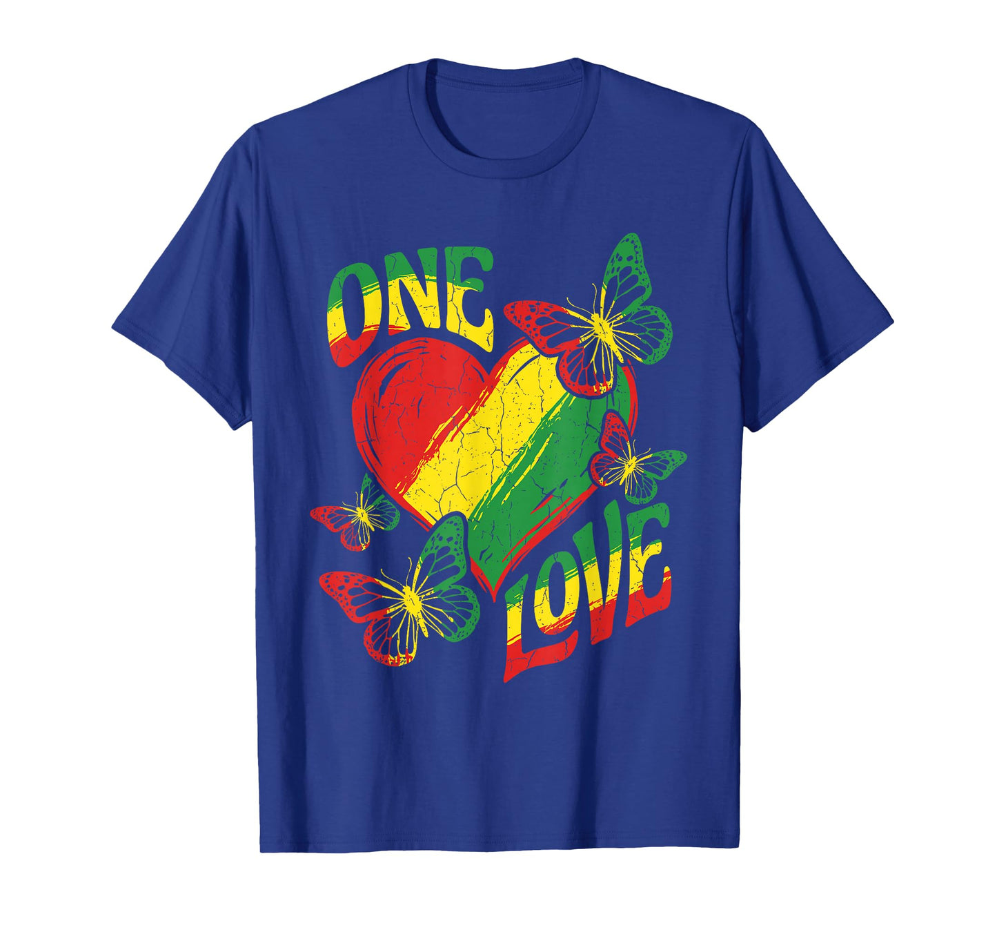 One Love Rasta Heart Red Yellow Green Reggae Butterfly Roots T-Shirt
