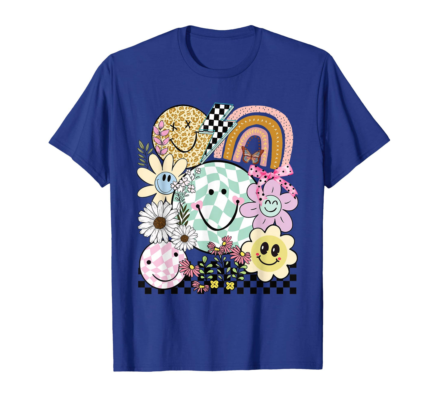 Funny Checkered Happy Smiling Smile Face Daisy Flower Girl T-Shirt