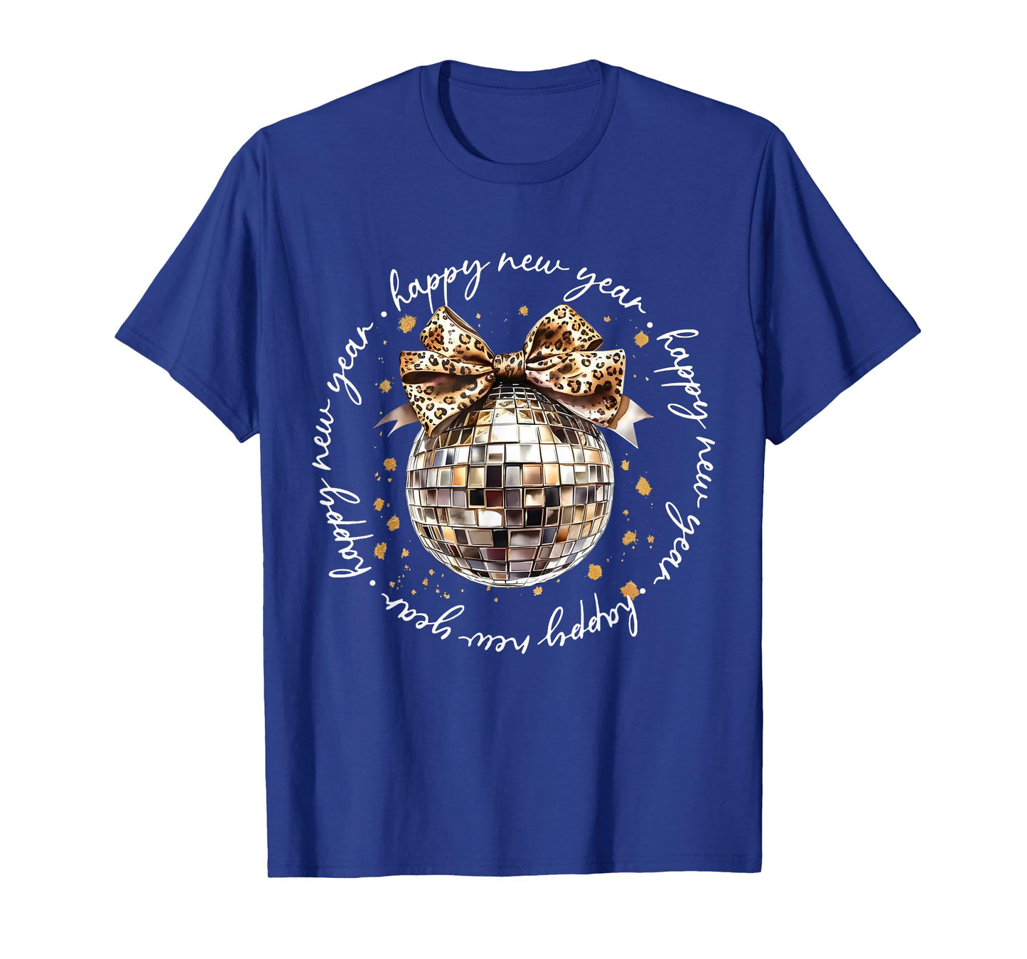 Happy New Year 2026 Disco Ball Leopard Pattern Bow Groovy T-Shirt