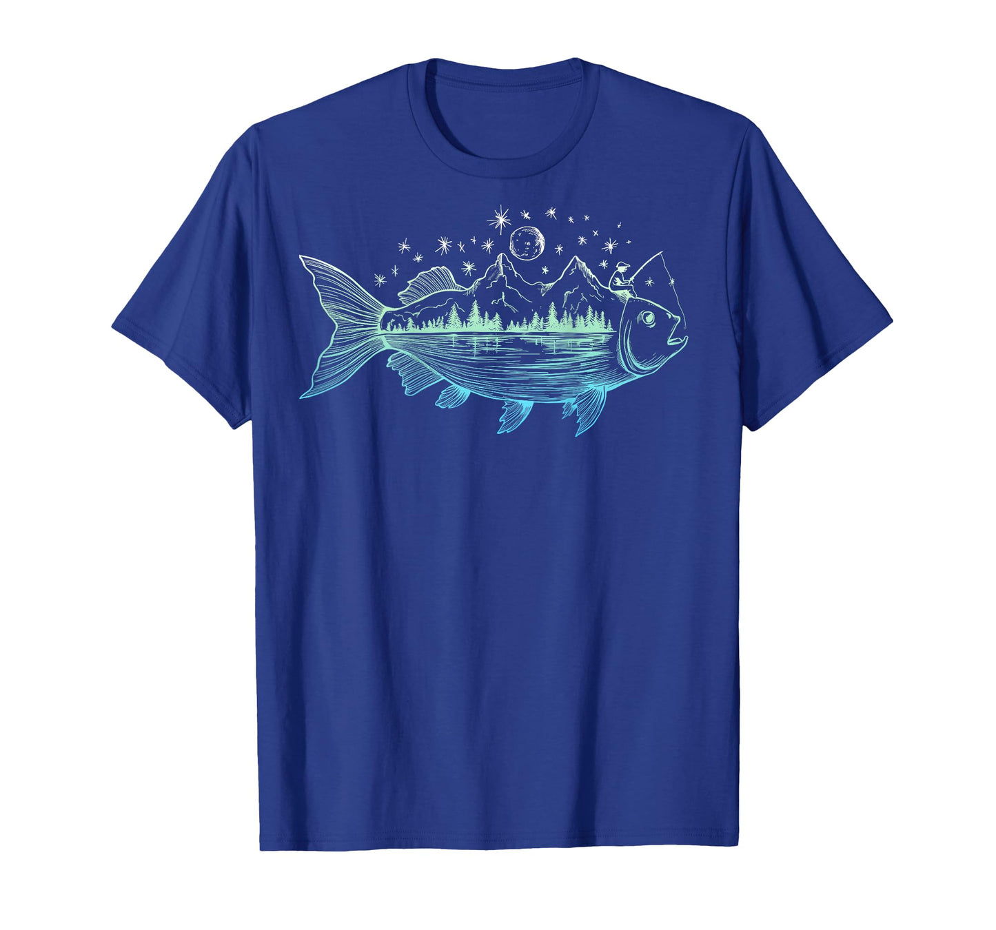On Back Cool Fish Shaped from Mountains Nature Scene Fishing T-Shirt
