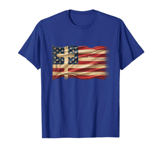 Distressed USA Flag with Christian Cross Faith Art T-Shirt