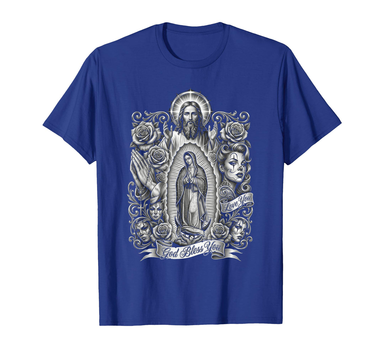 Chicano Style Payasa Jesus Virgin Mary Rosary Religious Art T-Shirt