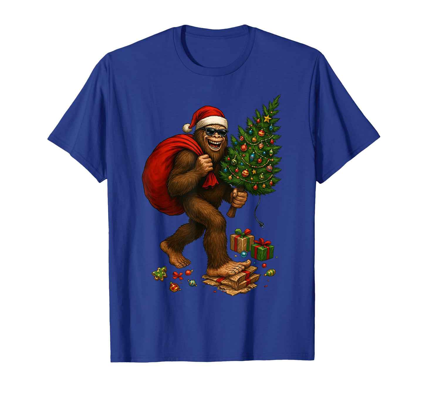 Bigfoot Santa Christmas Tree Lights Xmas Boys Men Sasquax T-Shirt