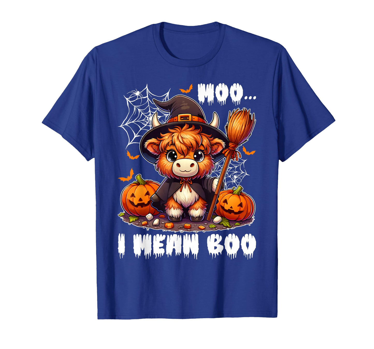 Moo I Mean Boo Highland Cow in Witch Costume Halloween Day T-Shirt
