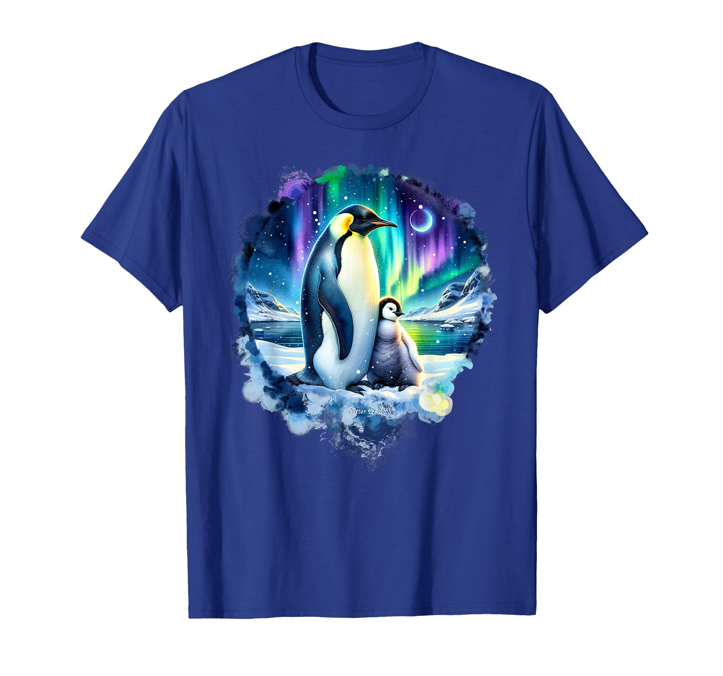 Emperor Penguin and Baby in Arctic Snow with Northern Lights T-Shirt