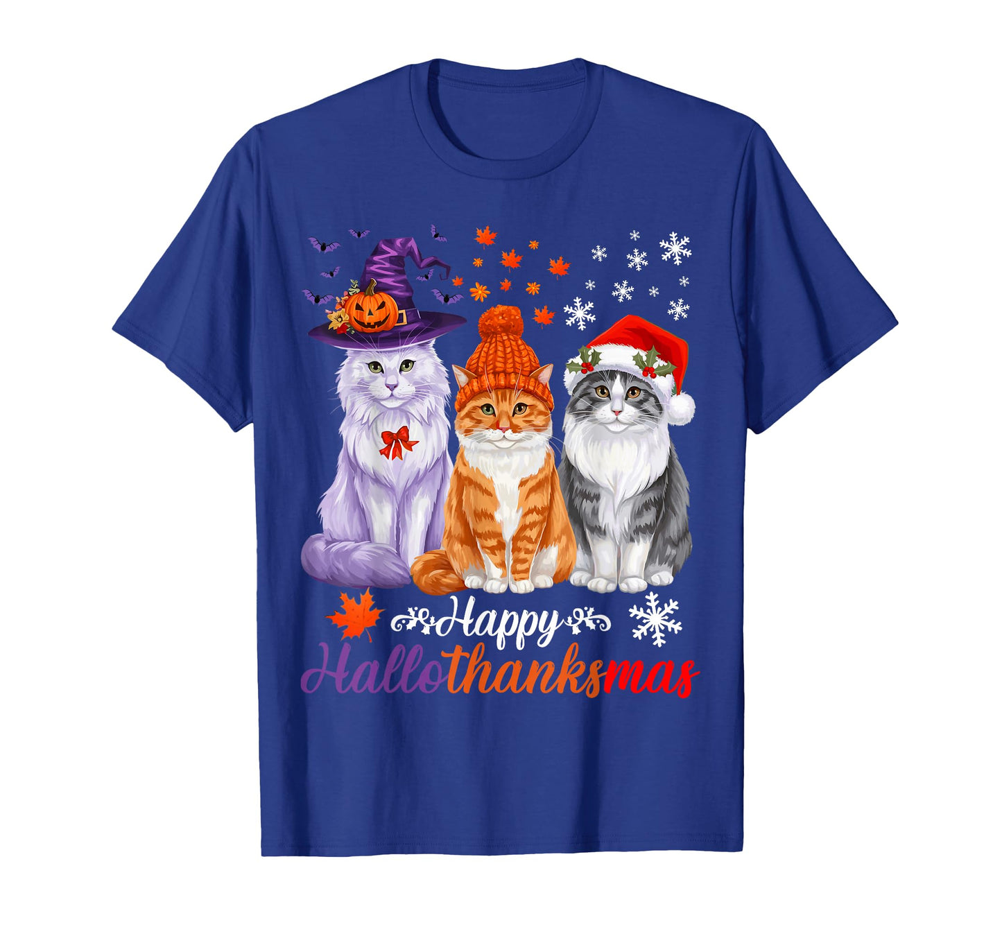 Happy HalloThanksMas Cats Halloween Thanksgiving Christmas T-Shirt