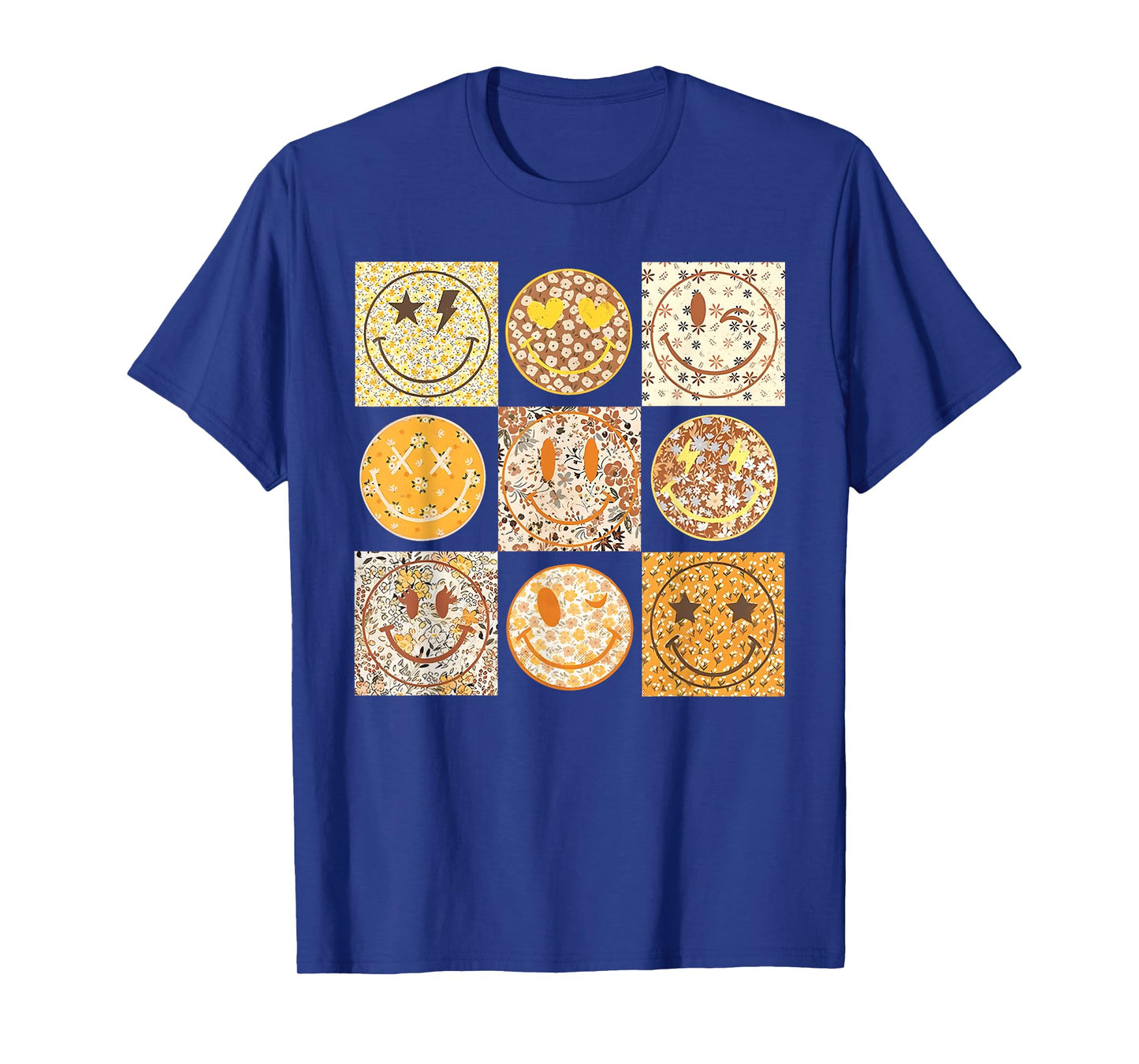 Fall Happy Face Checkered Pattern Smile Face Floral T-Shirt