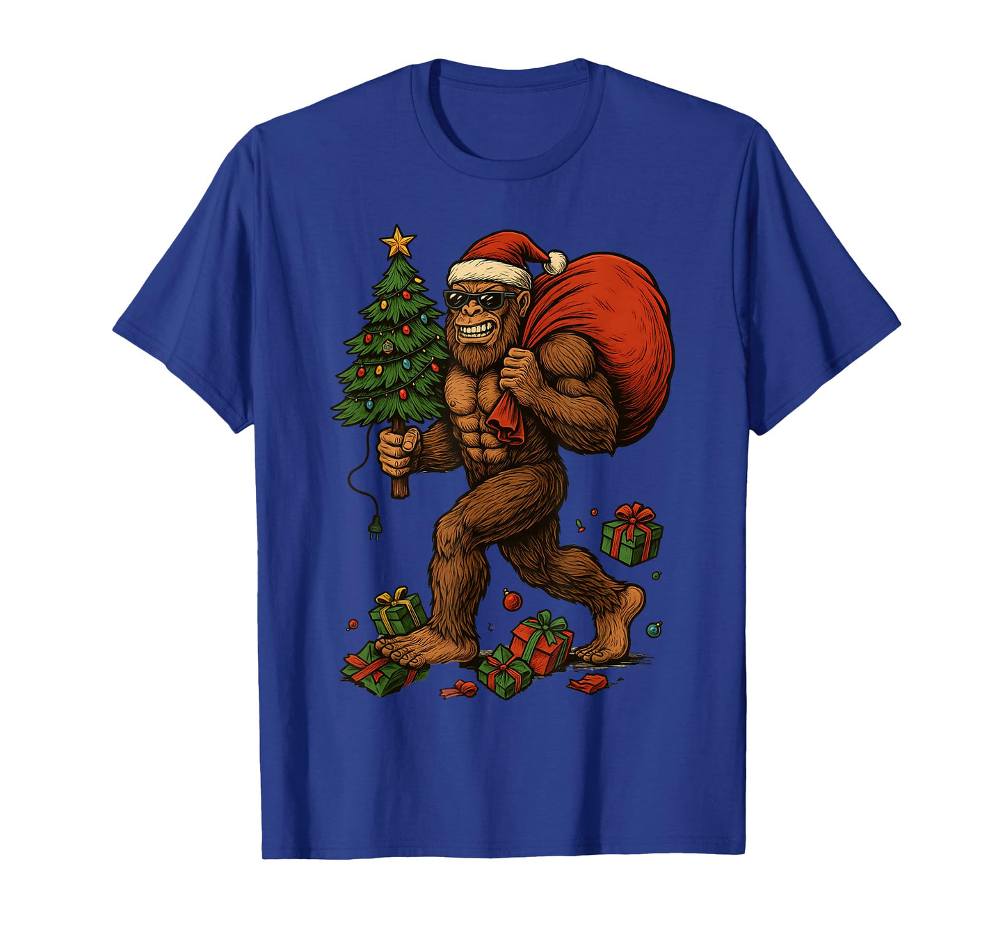 Bigfoot in Sunglasses Funny Santa Christmas Tree Lights Xmas T-Shirt