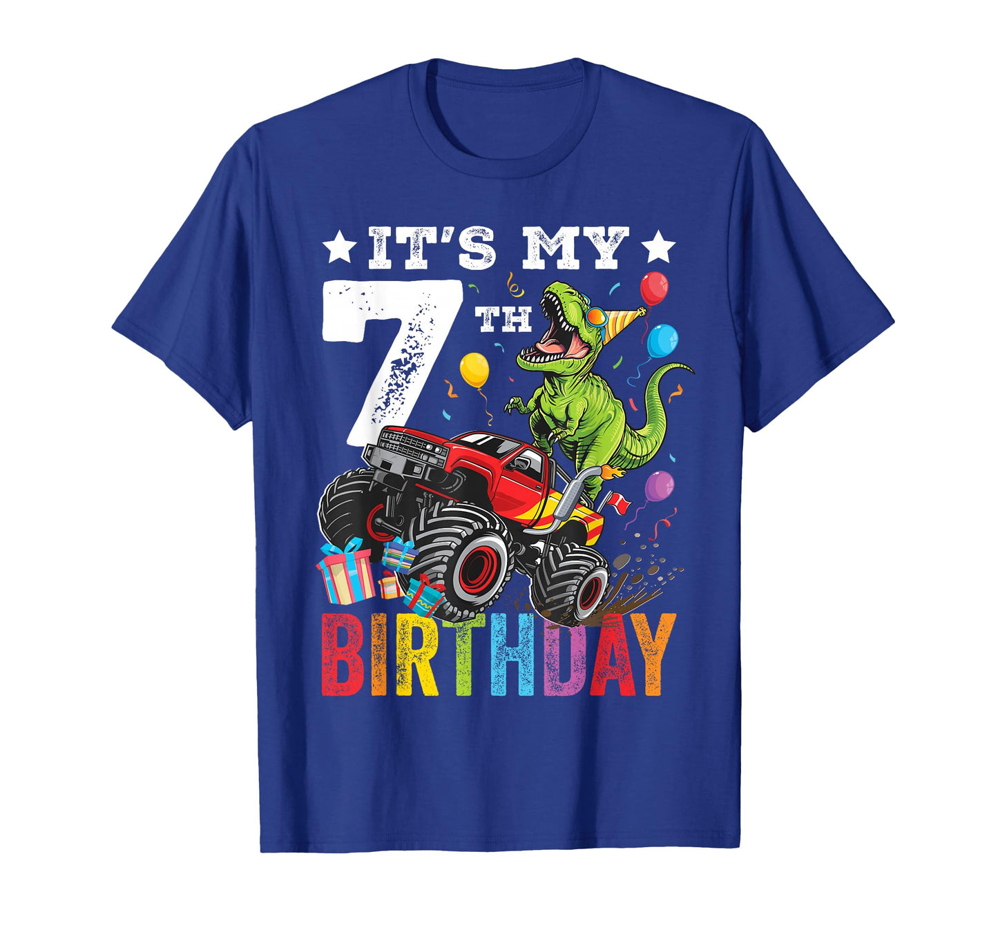 Seven 7th Birthday Dinosaur Monster Truck T-Shirt