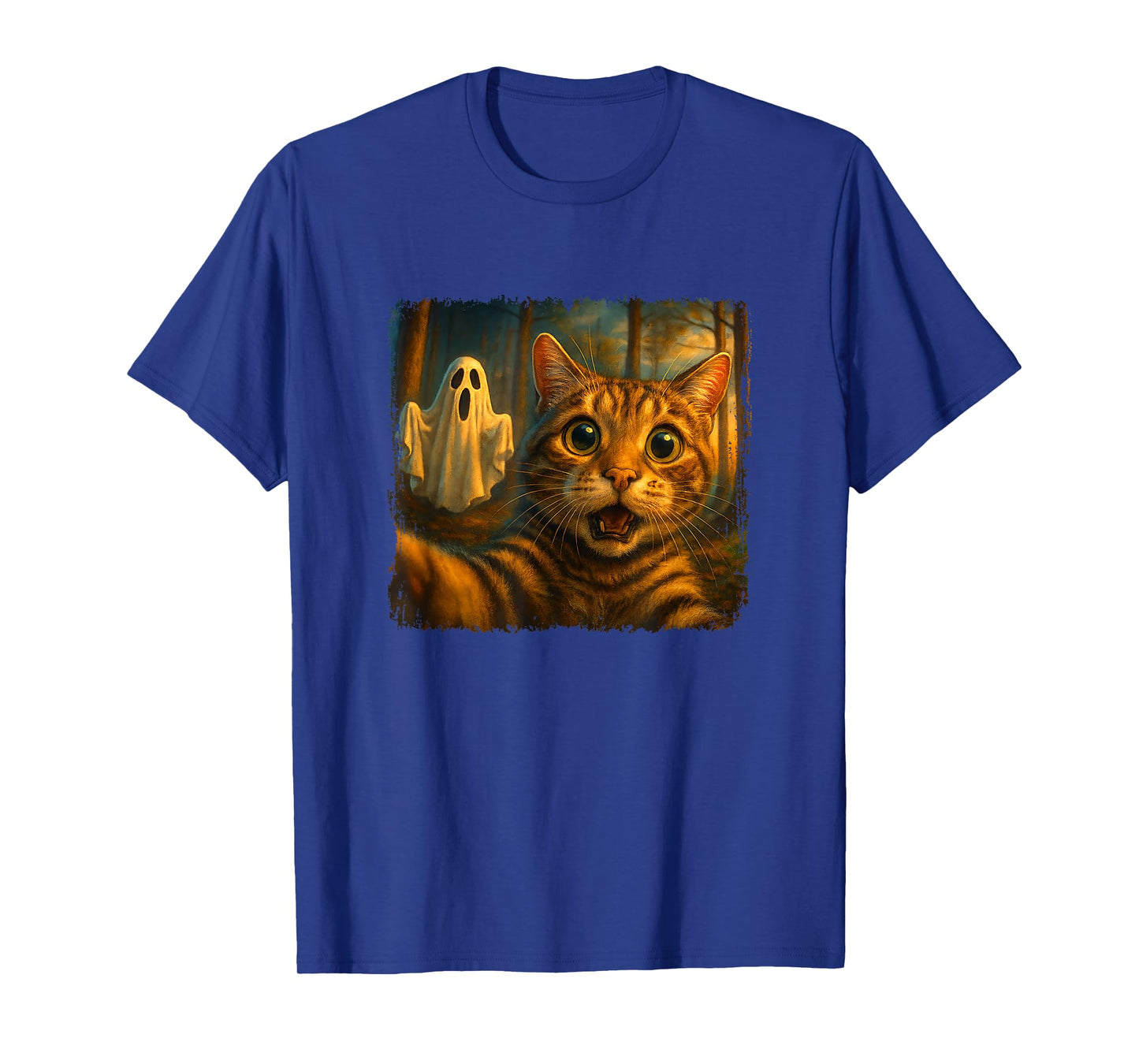 Funny Scared Cat Selfie with Ghost Halloween Design T-Shirt