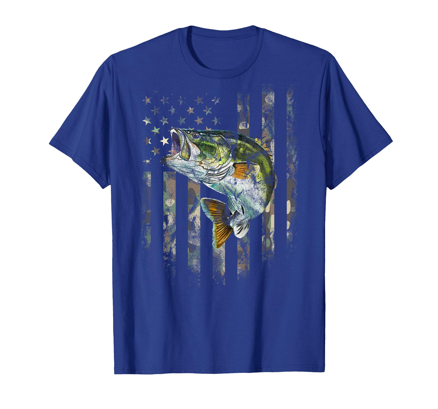 (Art on Back) American Flag Camo Bass Fish Fishing T-Shirt