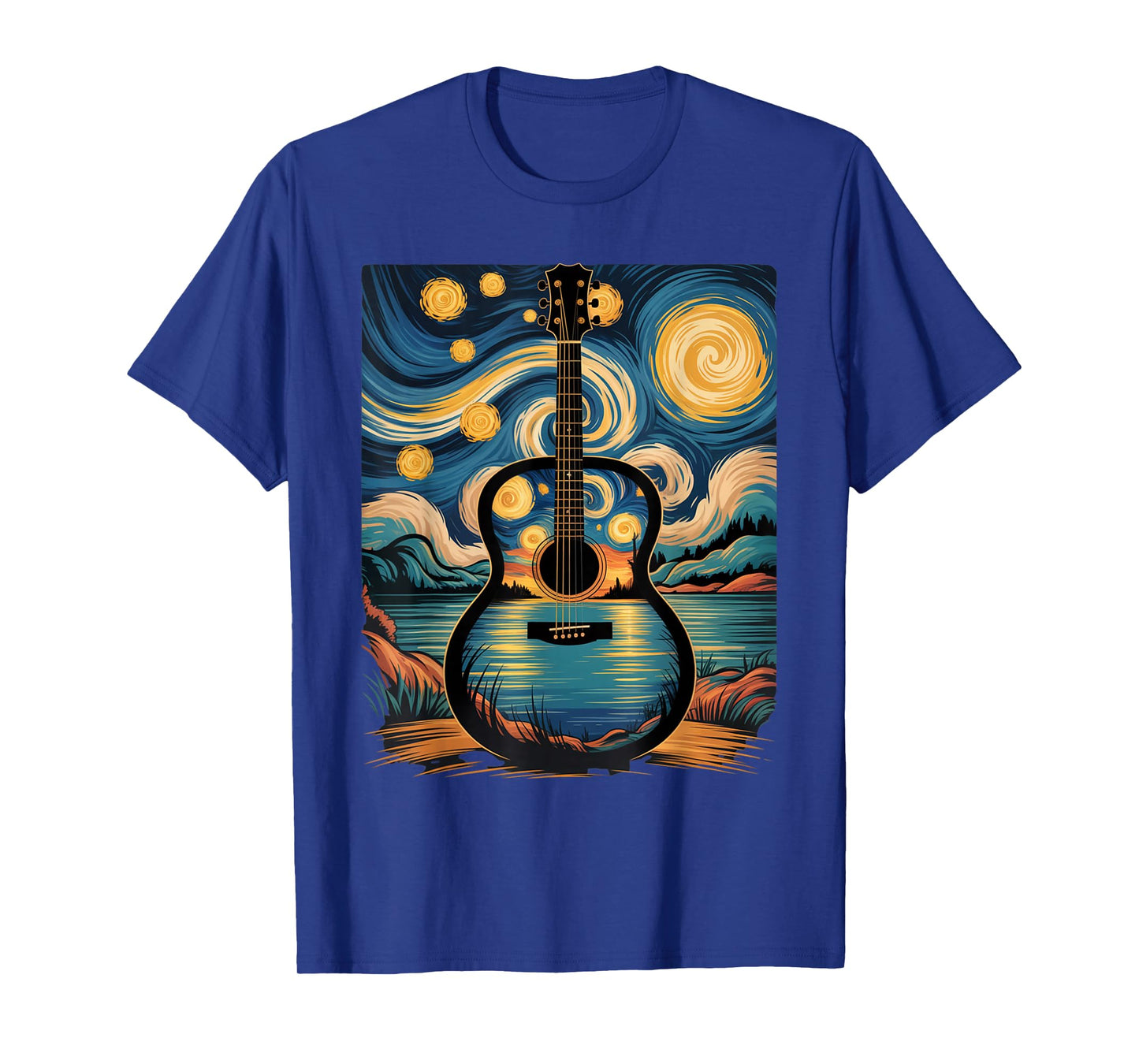 Guitar Lake Starry Night Music Guitarist Van Gogh Funny Gift T-Shirt