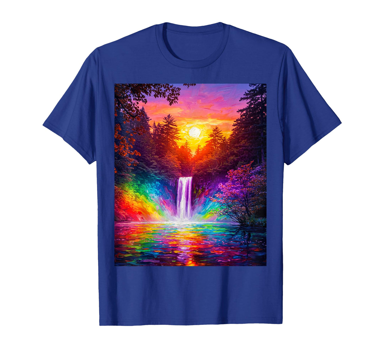 Moon Night Waterfall Abstract Art Forest Trees Painting T-Shirt
