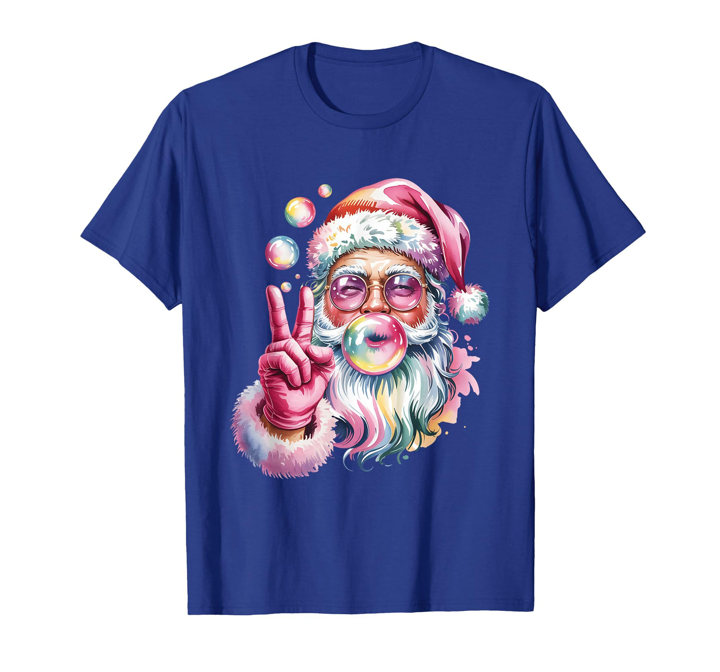 Rainbow Santa Bl0wing Bubble Gum Christmas Peace Sign Hand T-Shirt