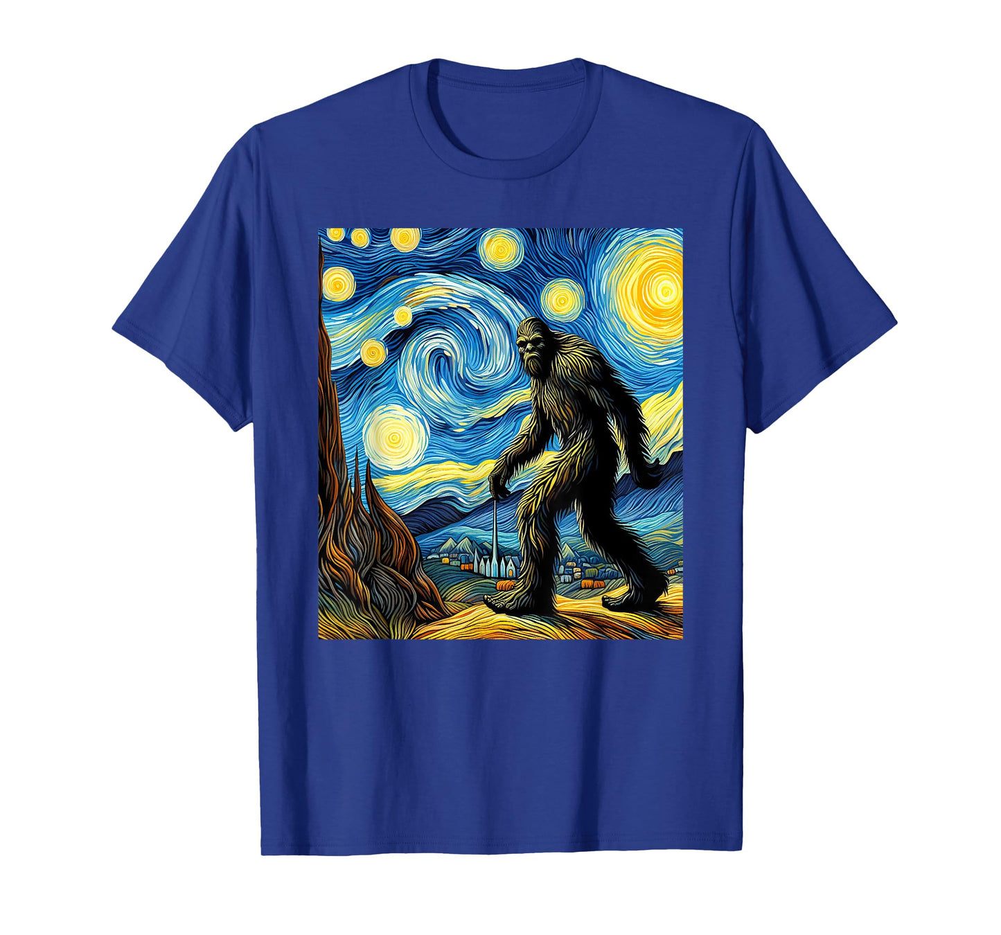 Funny Bigfoot Starry Night Sasquatch Van Gogh Sky Painting T-Shirt