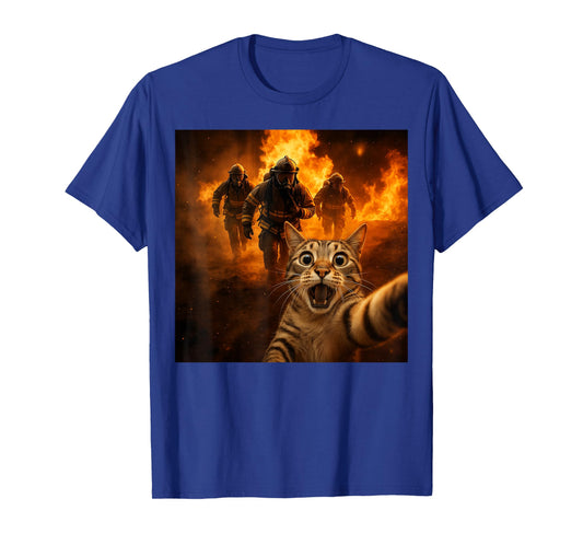 Cat Selfie with Firefighters Humor Cat Running from Fire T-Shirt