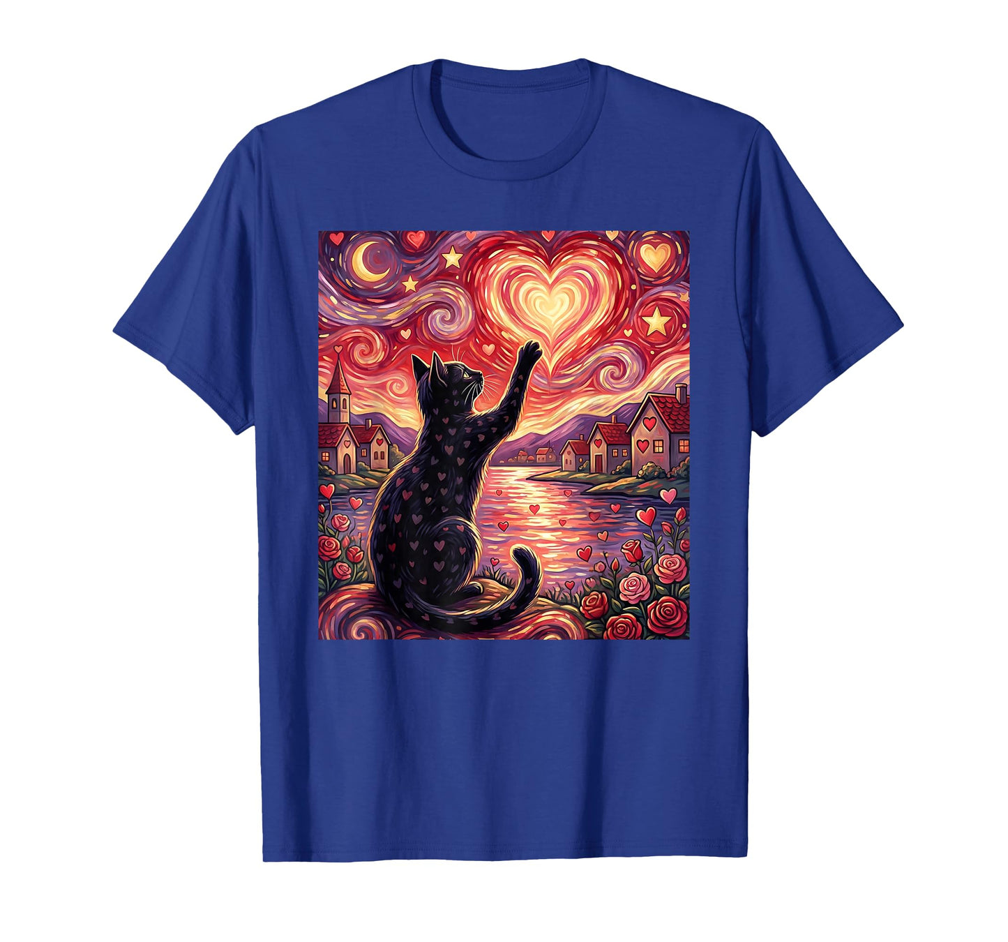 Starry Nights Cat Valentine Love-Hearts Roses Van-Gogh T-Shirt