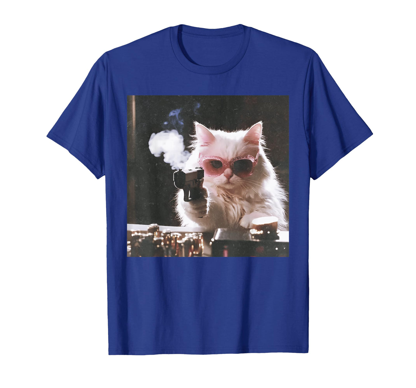 Retro Cool Cat with Gun Pink Sunglasses Cat Meme T-Shirt