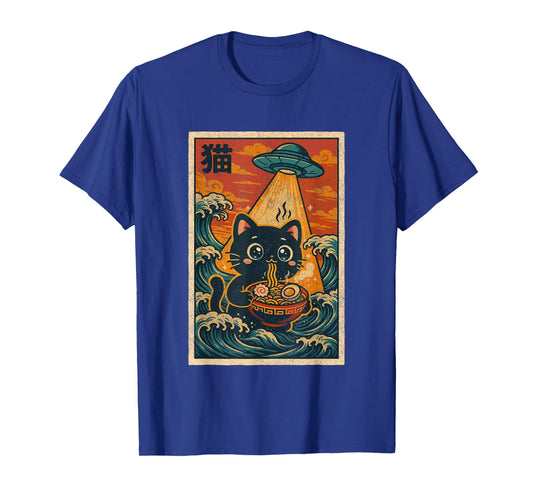 Vintage Japanese Anime Ramen Ukiyo-e UFO Funny Kawaii Cat T-Shirt