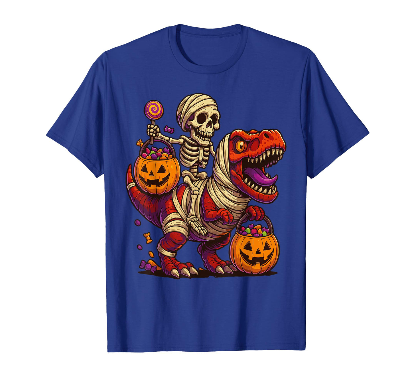 Skeleton Riding Mummy Dinosaur T rex Halloween Funny Pumpkin T-Shirt