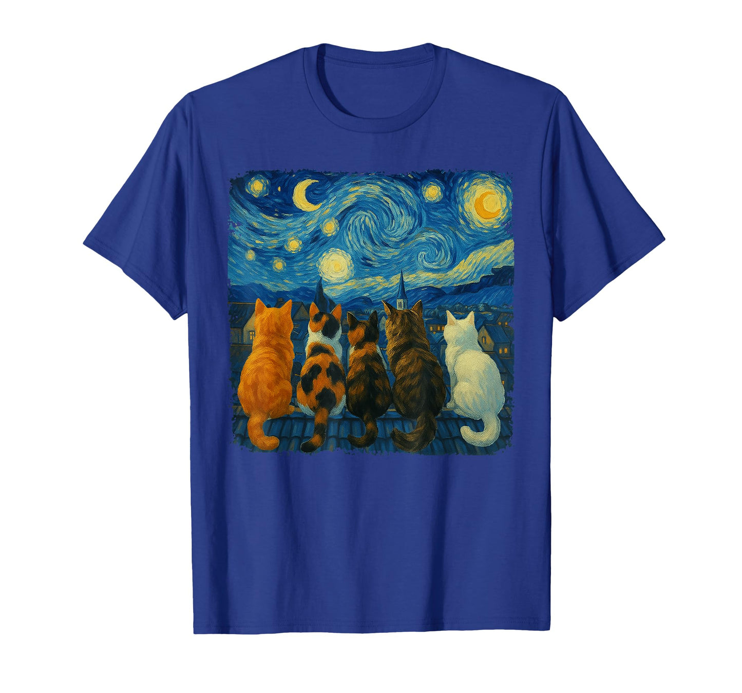 Funny Cat Starry Night Van Gogh Cats Rooftop Scene T-Shirt