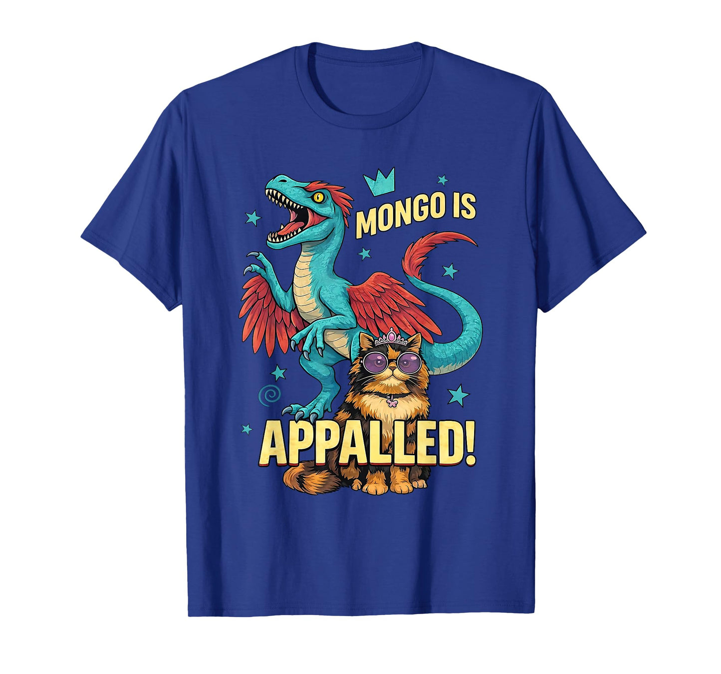 Retro Mongo is Appalled Princess Cat Riding Dinosaur Womens T-Shirt