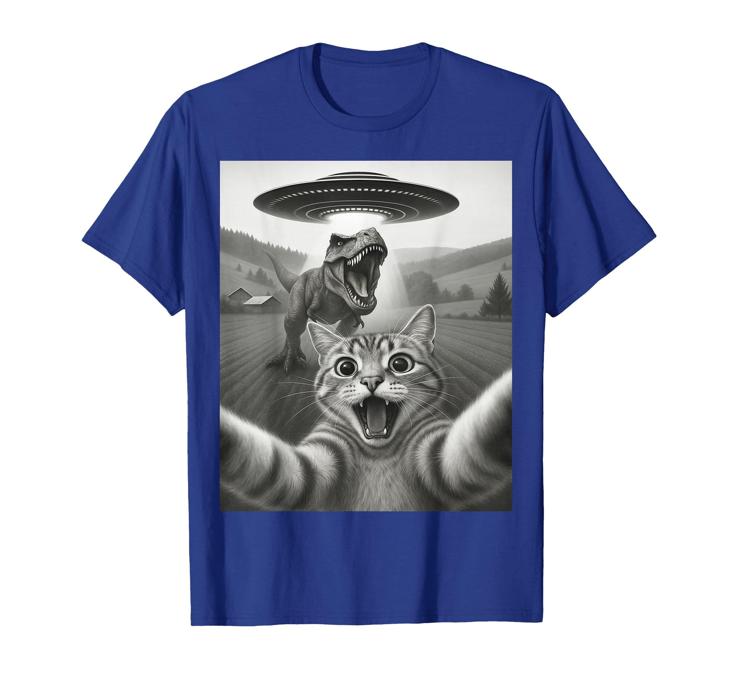 Cat Selfie with Alien UFO & T-Rex Dinosaur Funny Cat Gifts T-Shirt