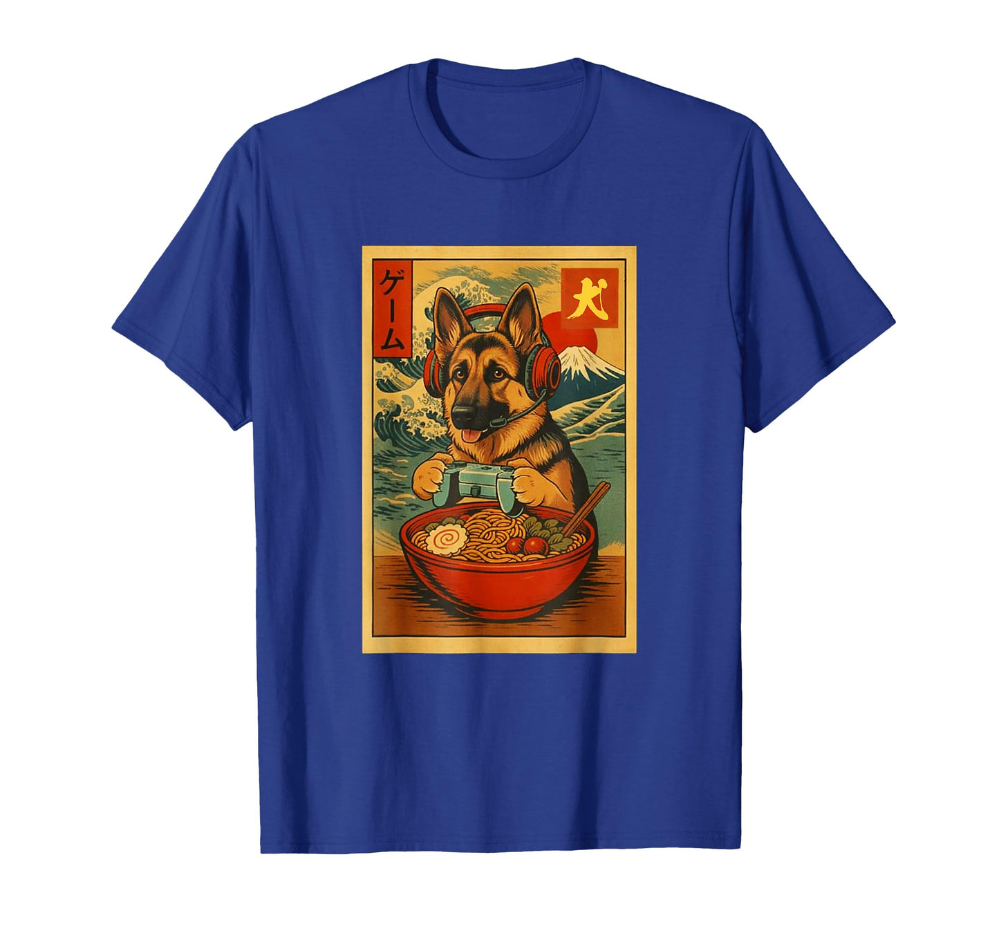 German Shepherd Gaming Ramen Ukiyo-e Great Wave Retro Art T-Shirt