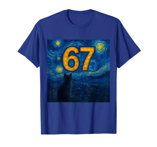 67 Meme Six Seven Cat Starry Funny Night Van Gogh Cat Lover T-Shirt