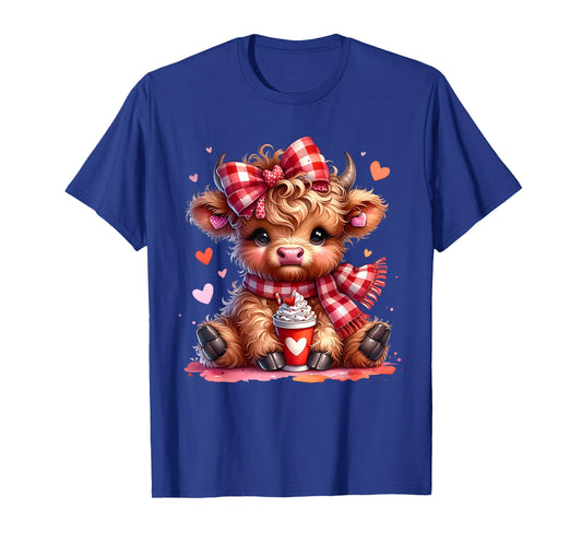 Valentine Highland Cow Cute Cow Drinking Coffee Girls Women T-Shirt