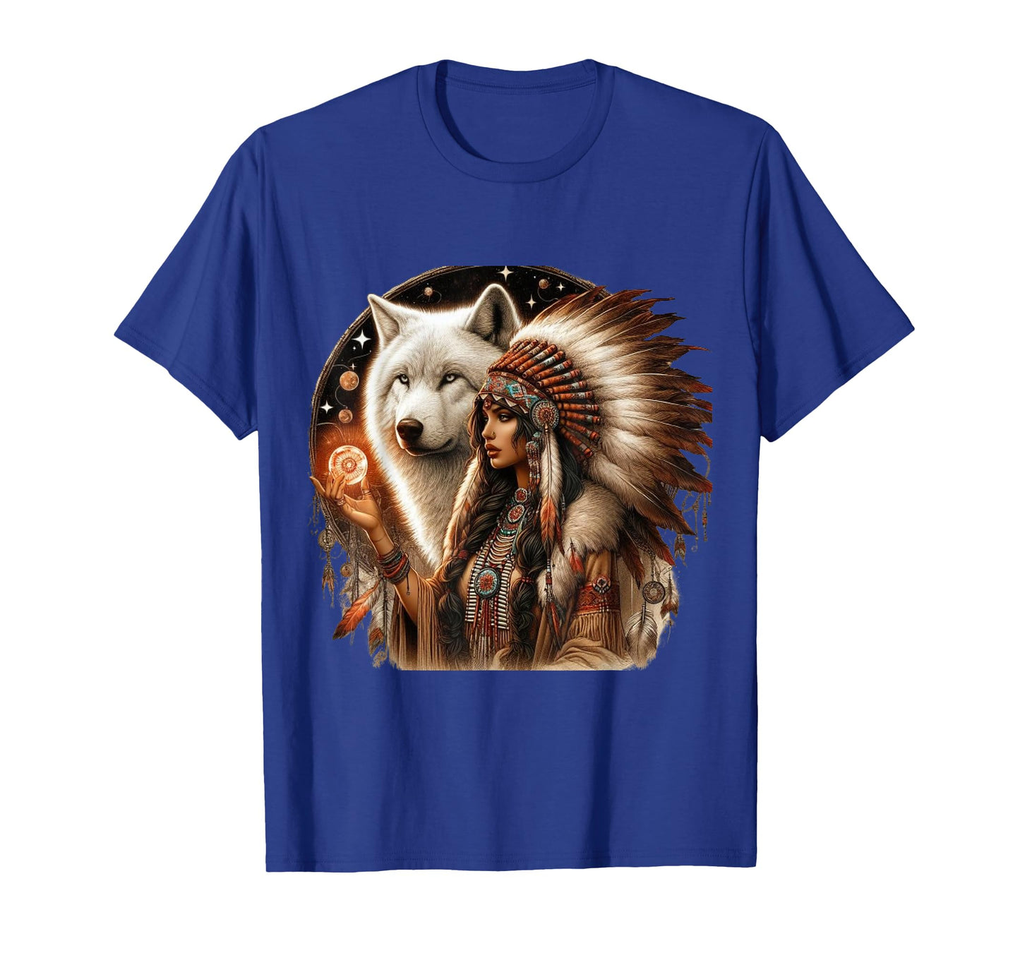 Indian Native American Woman With White Wolf Vitage Gifts T-Shirt
