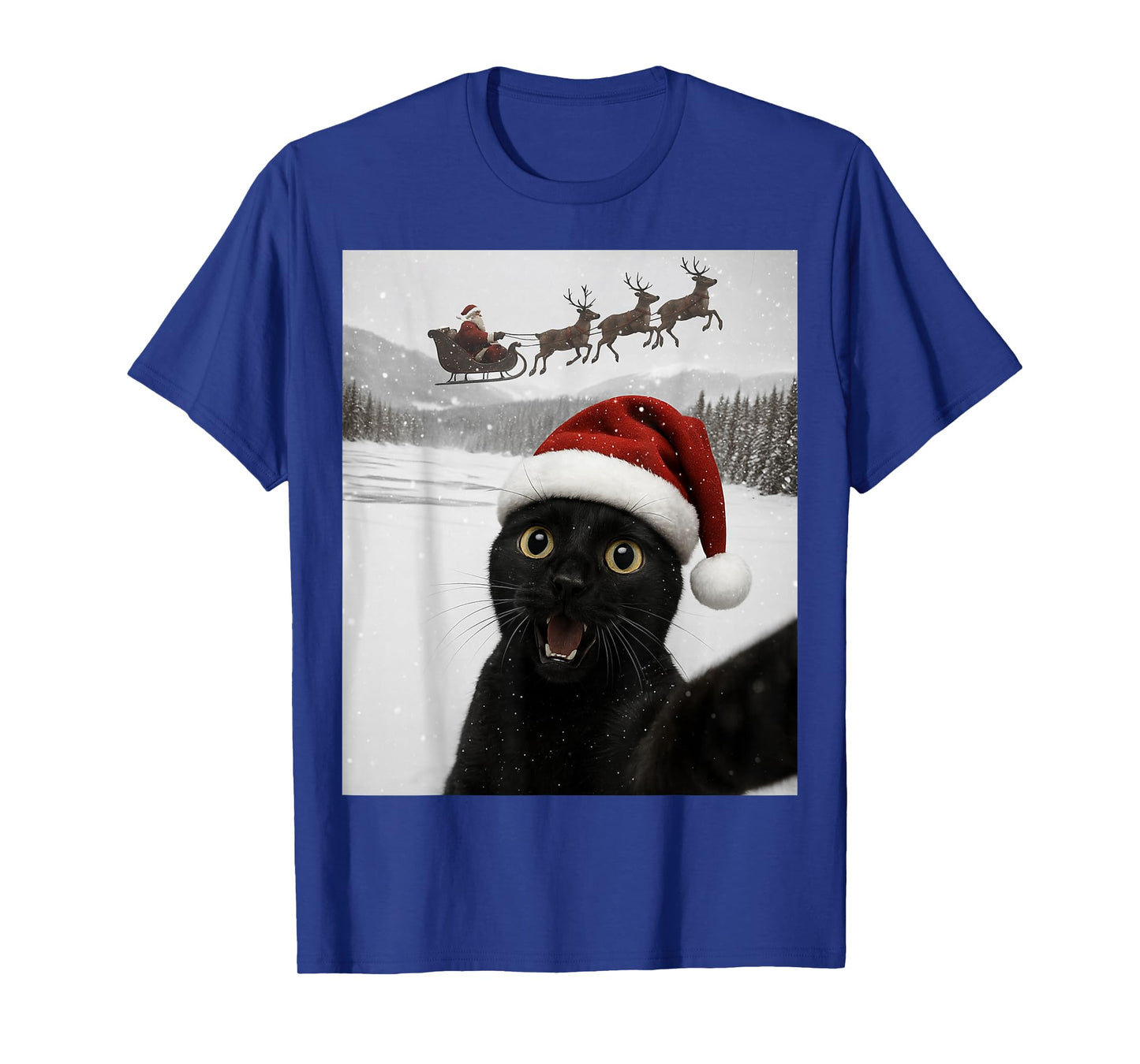 Cat Selfie with Santa Funny Black Cat Christmas Mens Womens T-Shirt