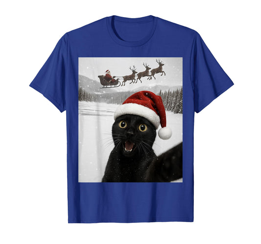 Cat Selfie with Santa Funny Black Cat Christmas Mens Womens T-Shirt