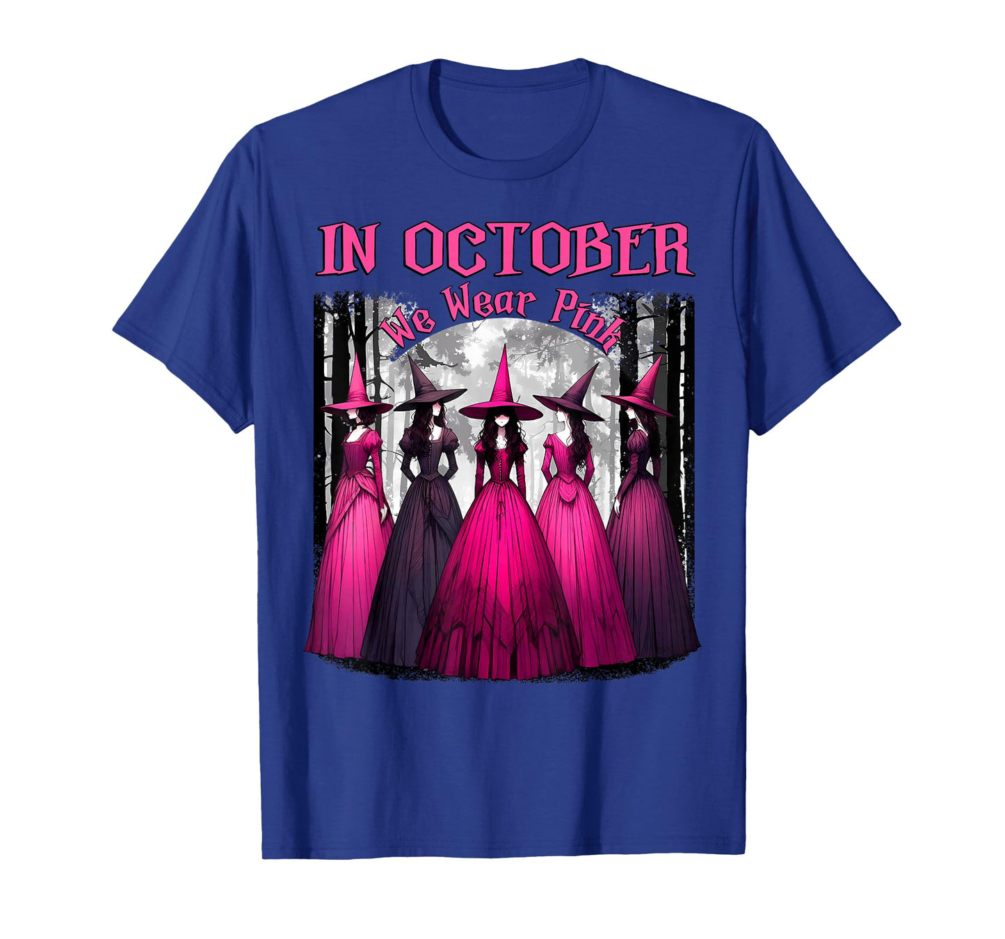 in October We Wear Pink Spooky Witch Halloween Breast Cancer T-Shirt