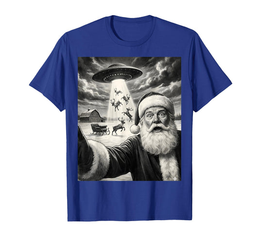 Santa Selfie with Alien UFO Funny Reindeer Men Women Kids T-Shirt