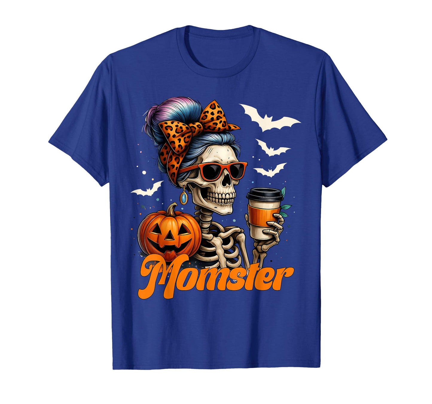 Momster Skeleton Coffee Funny Halloween Mom Messy Bun T-Shirt