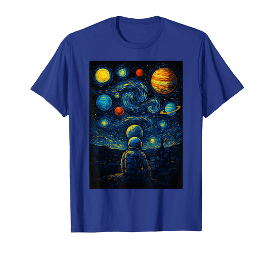 Starry Night Astronaut Van Gogh Space Art Galaxy Planets T-Shirt